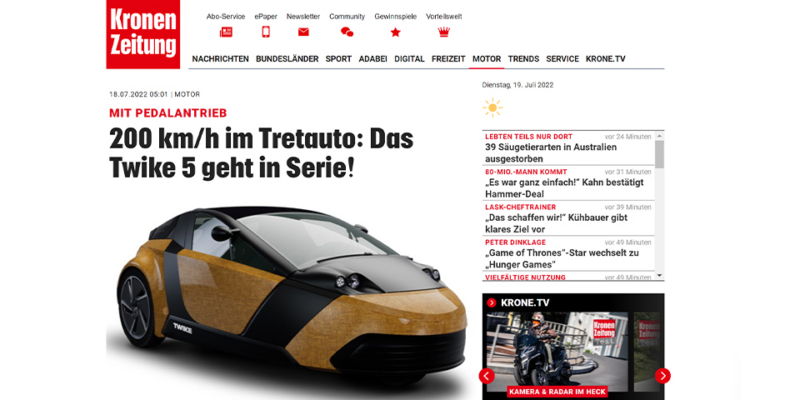 TWIKE 5 in Kronen Zeitung, Österreich
