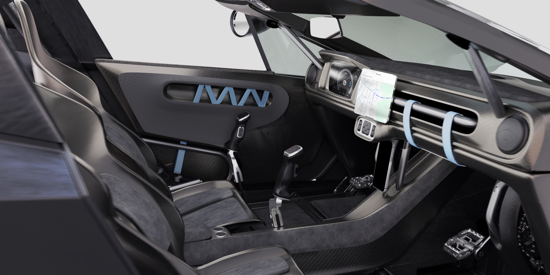 Sportliches Interieur des TWIKE 5 mit zentralem Steuerknüppel und digitalem Display, aufgenommen aus Sicht des Beifahrers.