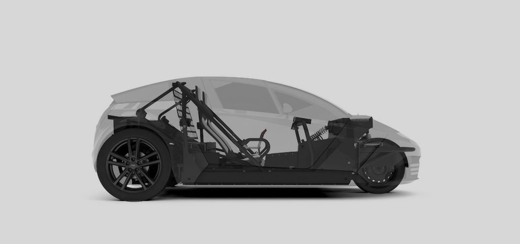 Side view of a TWIKE 5 concept showing the chassis beneath the transparent body