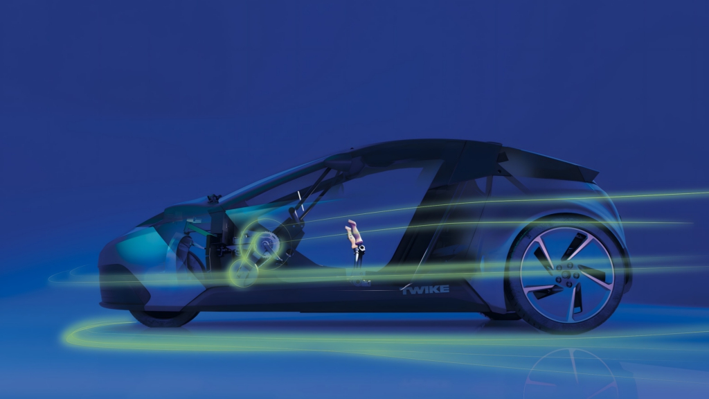 Integrated pedal system inside the TWIKE combining human power with electric drive.