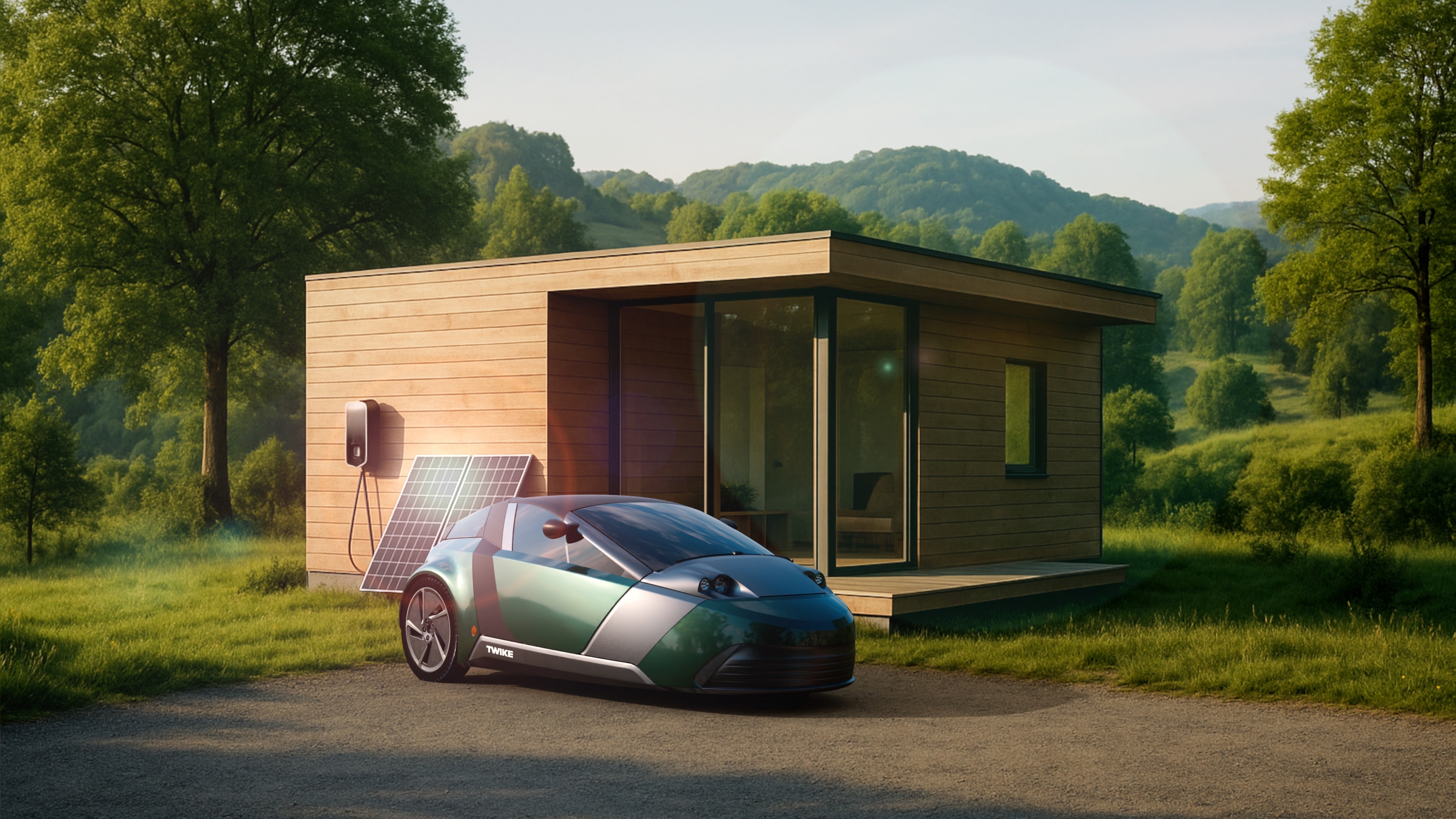 TWIKE electric vehicle connected to modern tiny house with solar panels for bidirectional charging during daytime in rural setting