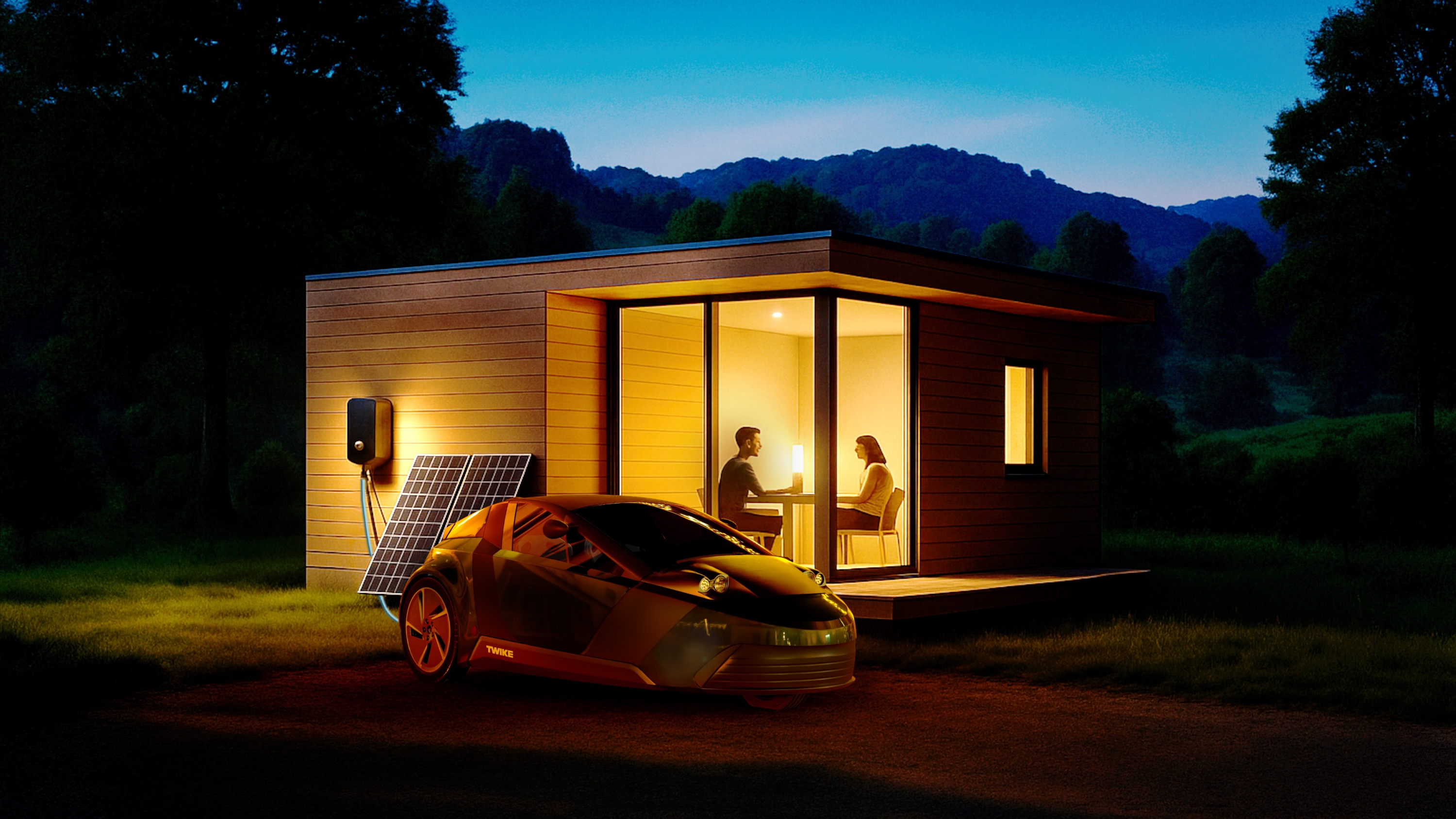 TWIKE electric vehicle providing power to illuminated tiny house through vehicle-to-home charging at night with mountain backdrop