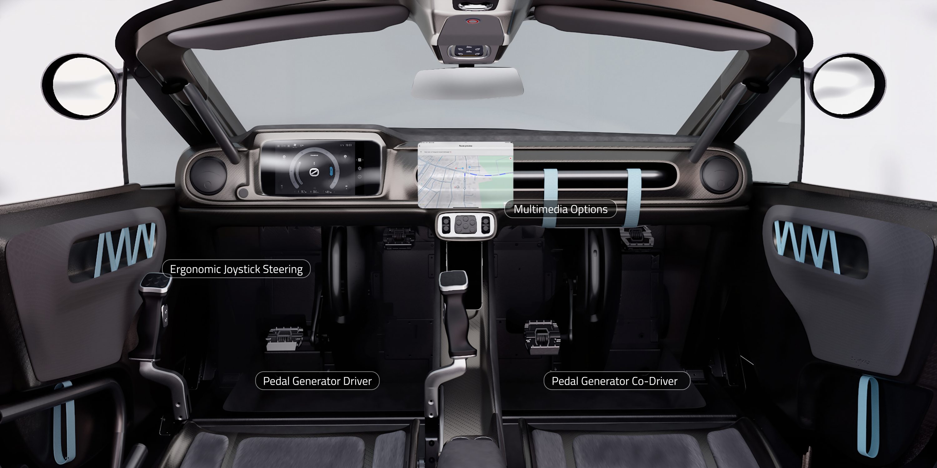 twike 5 dashboard with multimedia option, joystick steering, alcantara and carbon cover